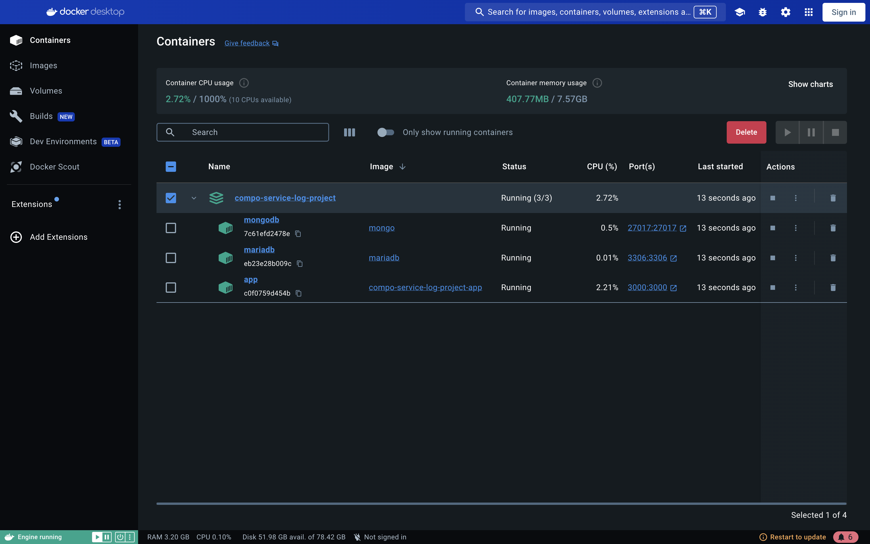 Docker Desktop avec les conteneurs de lancés